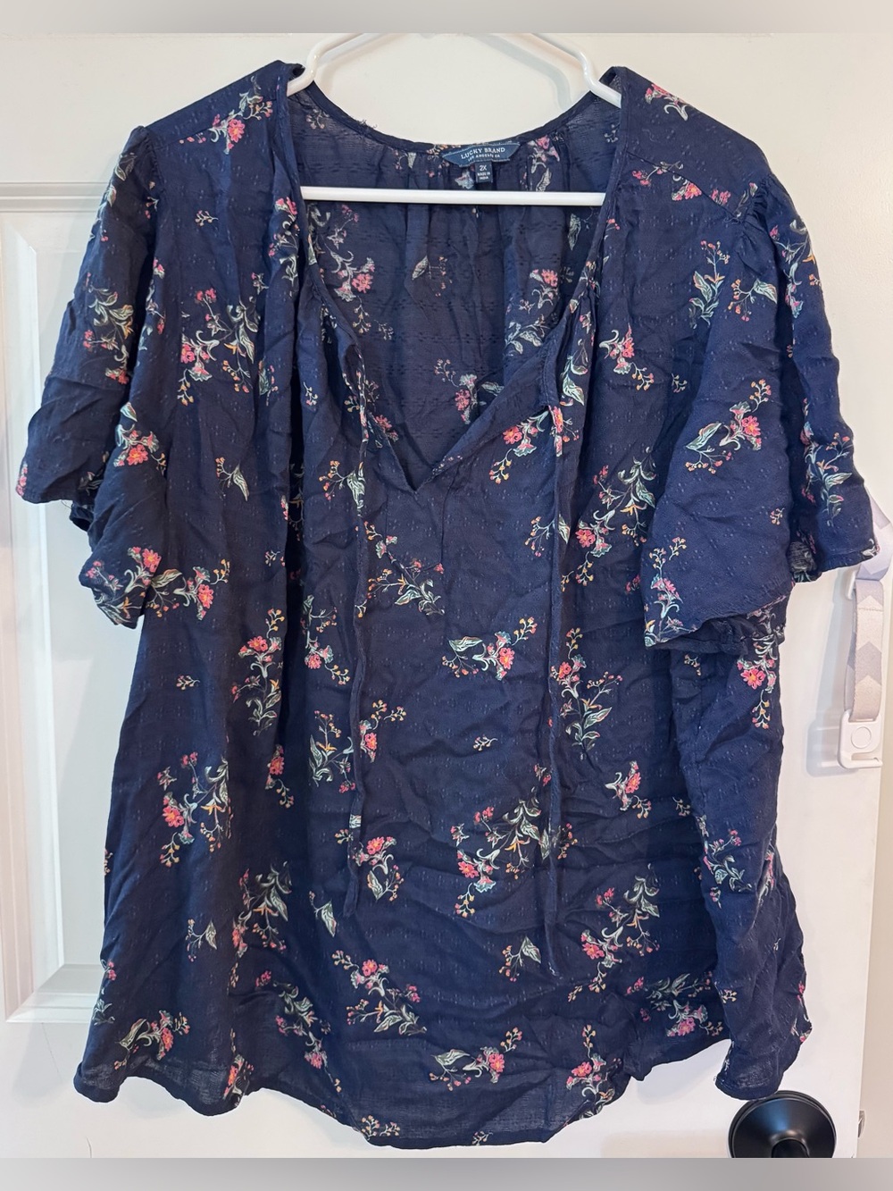 Lucky Brand Women’s Top Shirt Blouse Peasant Boho Navy Blue Flowered 2X